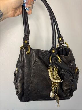 Vintage Juicy Couture Black Lamb Leather Shoulder Bag Purse Y2K Crown Charm Hobo